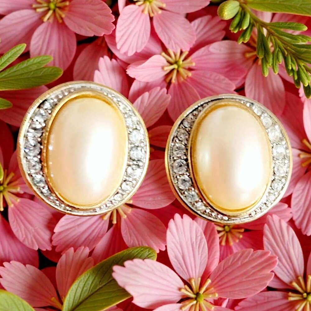 MONET Vintage Oval Pearl Gold Tone Clear Rhinestone Earrings